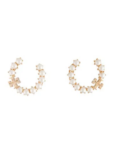 Pre-owned Tory Burch Faux Pearl Kira Loop Earrings In White