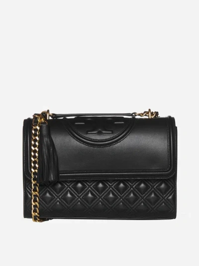 Tory Burch Fleming Convertible Leather Bag In Black,gold