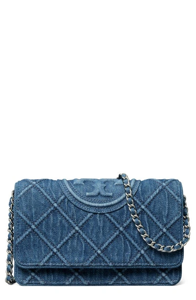 Tory Burch Fleming Soft Denim Wallet On A Chain In Blue