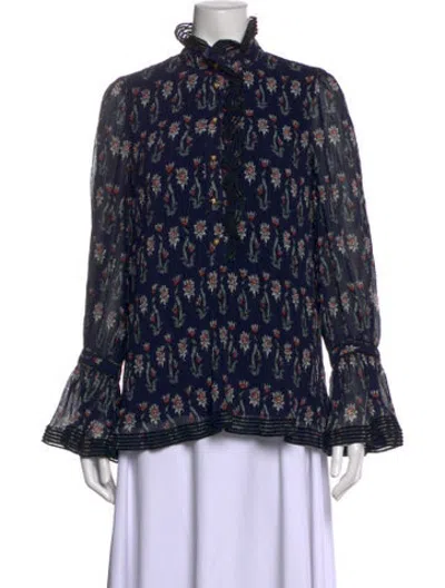 Pre-owned Tory Burch Floral Print Mock Neck Blouse In Blue