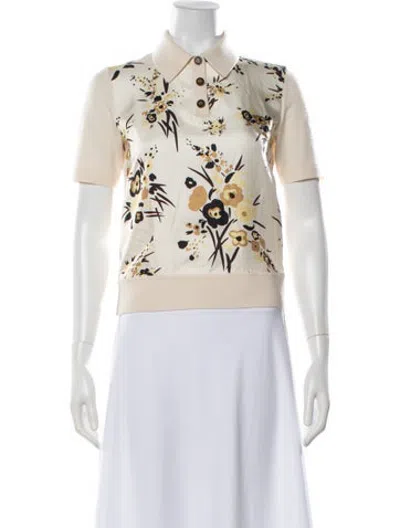 Pre-owned Tory Burch Floral Print Short Sleeve Polo In White