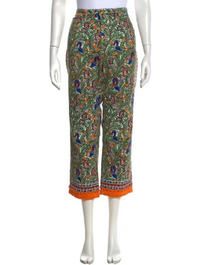Pre-owned Tory Burch Floral Print Straight Leg Pants In Green