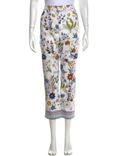 Pre-owned Tory Burch Floral Print Straight Leg Pants In White