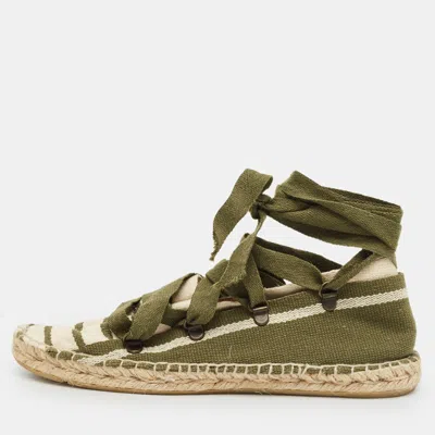 Pre-owned Tory Burch Green/white Stripe Canvas Ankle Wrap Espadrille Flats Size 37