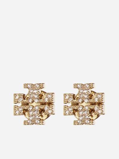 Tory Burch Kira Crystals Logo Earrings In Gold