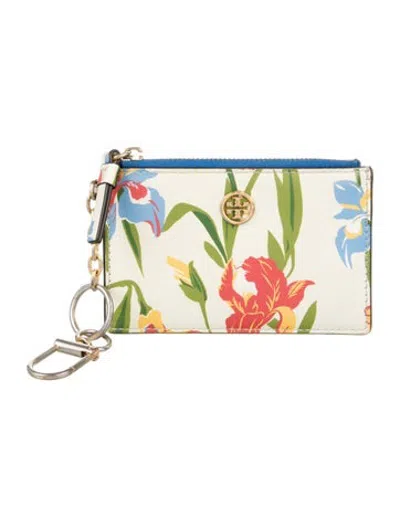 Pre-owned Tory Burch Leather Floral Print Card Holder In White