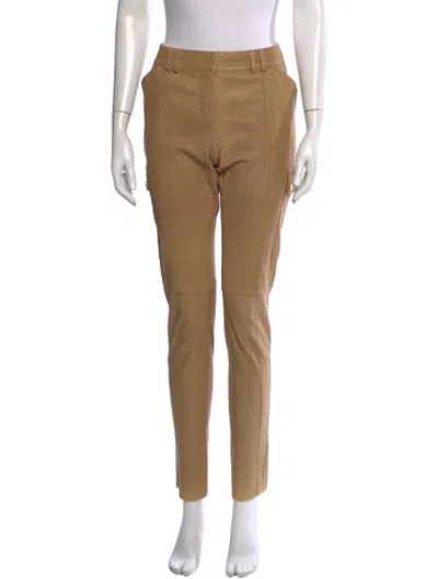 Pre-owned Tory Burch Leather Straight Leg Pants In Brown/neutrals