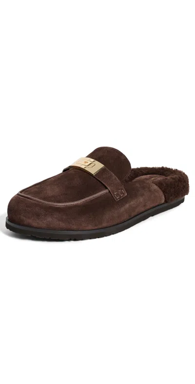 Tory Burch Leelee Shearling Mules Dark Cocoa