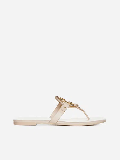 Tory Burch Miller Leather Flat Sandals In Cream
