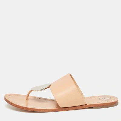 Pre-owned Tory Burch Peach Pink Leather Patos Disk Thong Flats Size 40