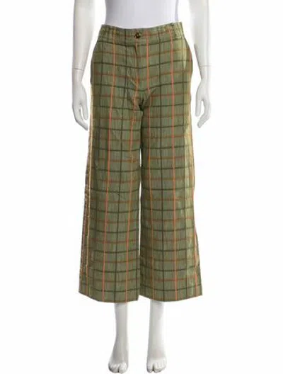 Pre-owned Tory Burch Plaid Print Wide Leg Pants In Green