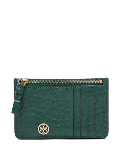 Pre-owned Tory Burch Robinson Crocodile-embossed Zip Card Case In Green