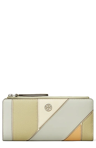 Tory Burch Robinson Patch Slim Leather Bifold Wallet In Feather Grey/gold