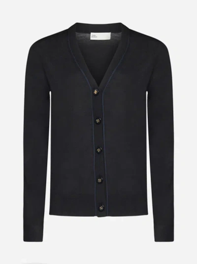 Tory Burch Simone Wool And Silk Cardigan In Black