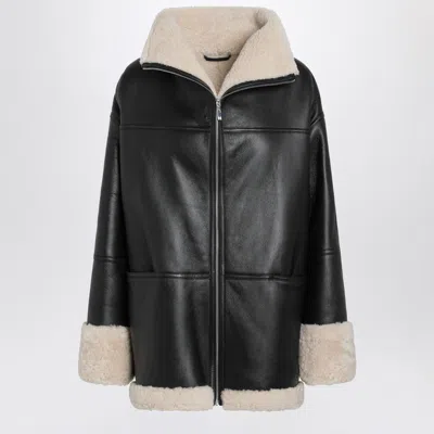 Totême Black Leather Zipped Jacket With Shearling Lining