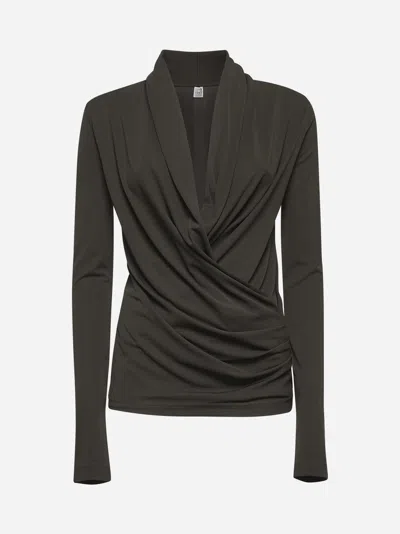 Totême Black Fluid Jersey Overlapped Top In Pepper