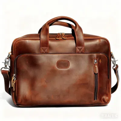 Touri Men's Genuine Leather Briefcase With Front Leather Patch - Dark Brown
