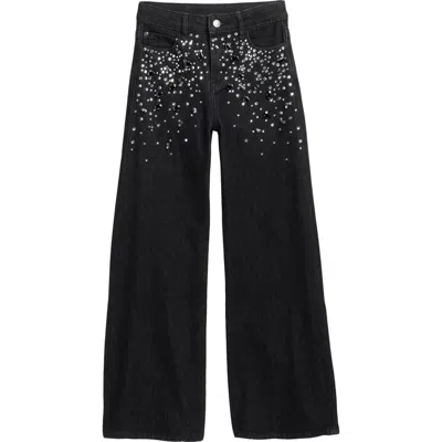 Tractr Kids' Crystal Blizzard Embellished Wide Leg Jeans In Black