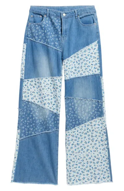 Tractr Kids' Patchwork Wide Leg Jeans In Blue