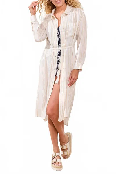 Tribal Shimmer Stripe Button-front Cover-up Midi Dress In White In Neutral