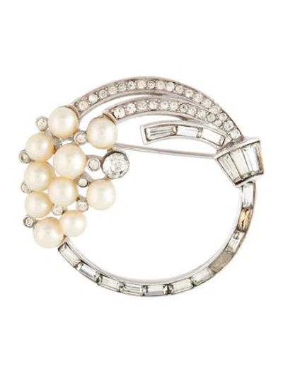 Pre-owned Trifari Crystal & Faux Pearl Brooch Pin In Multicolor