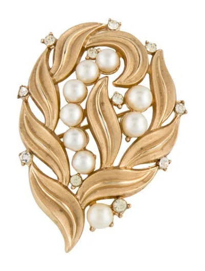 Pre-owned Trifari Faux Pearl & Crystal Brooch In White