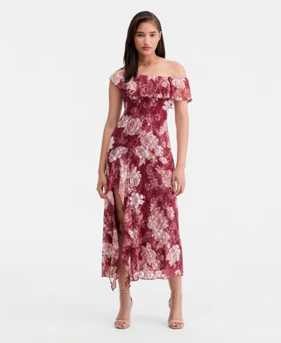 Trixxi Juniors' Floral Print Lace Off-the-shoulder Midi Dress In Burgundy