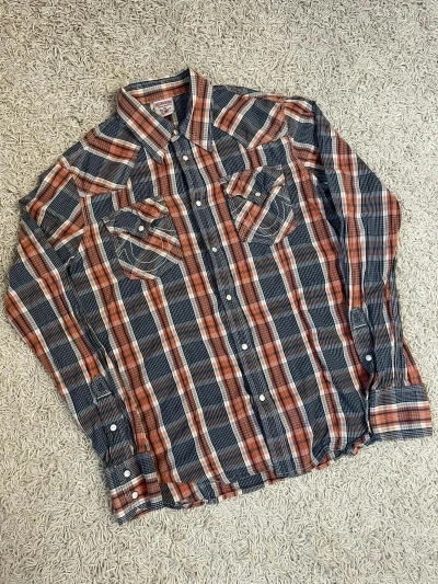 Pre-owned True Religion Shirt Mens M Plaid Long Sleeve Snap Pockets In Orange