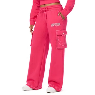 True Religion Women's Big T Low Rise Cargo Wide Leg Baggy Sweatpant In Pink
