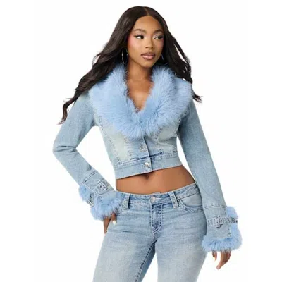True Religion Women's Faux Fur Big T Denim Jacket In Blue