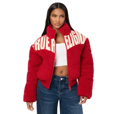 True Religion Women's Faux Leather Yoke Sherpa Puffer Jacket In Red