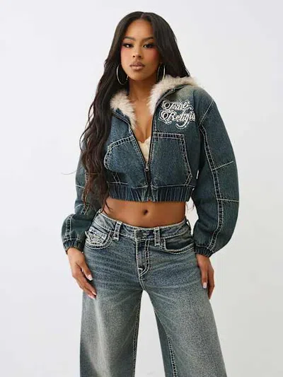 True Religion Women's Relaxed Big T Faux Fur Denim Jacket In Blue