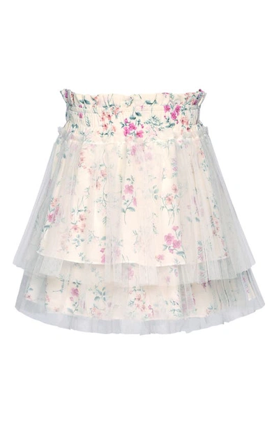 Truly Me Kids' Floral Mesh Overlay Tiered Skirt In Ivory Multi
