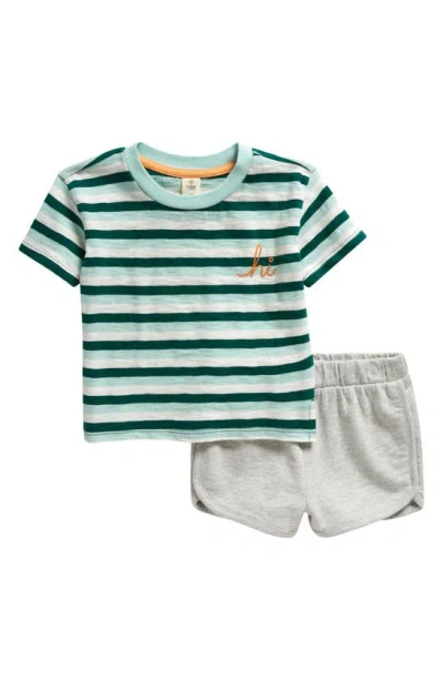 Tucker + Tate Babies'  Print Cotton T-shirt & Shorts Set In Green Evergreen Stripe- Grey