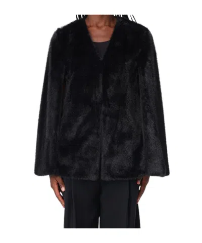 Twinset Faux Fur Cape Jacket In Black