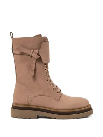 Twinset Leather Combat Boots With Insert In Brown