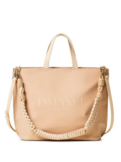 Twinset Logo Lettering Braided Strap Tote Bag In Neutral