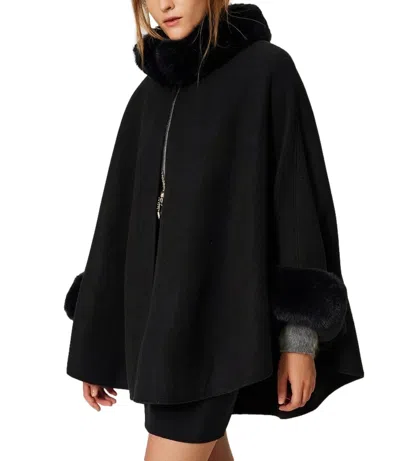 Twinset Plush Fur Trim Flowing Cape Coat In Black