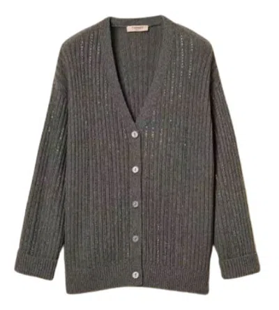 Twinset Twin-set Rhinestone Rib-knit Cardigan In Gray