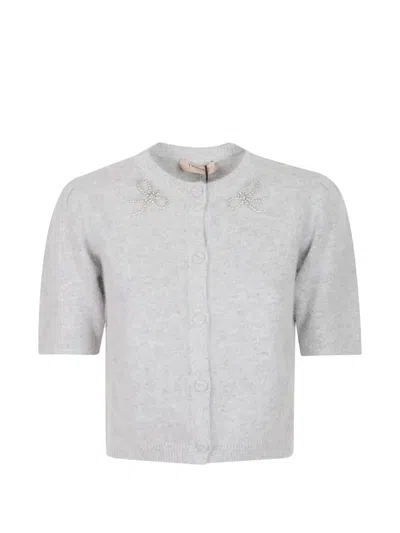 Twinset Twin-set Short-sleeved Cardigan With Bow Detail In Gray