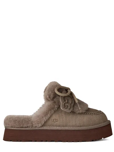 Ugg Mini Lace-up Sandals With Printed Suede Upper & Sheepskin Trim In Brown