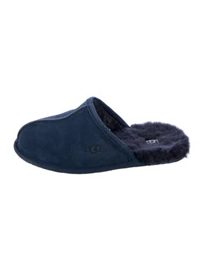 Pre-owned Ugg Suede Fur Trim Slippers In Blue