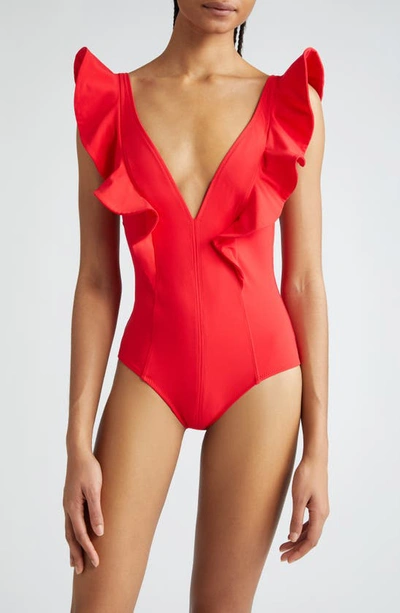 Ulla Johnson Evelina Ruffle One-piece Swimsuit In Scarlet
