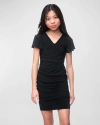 Un Deux Trois Kids' Girl's Ruched Flutter Sleeve Dress In Black