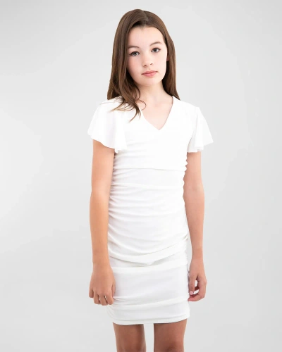 Un Deux Trois Kids' Girl's Ruched Flutter Sleeve Dress In Ivory