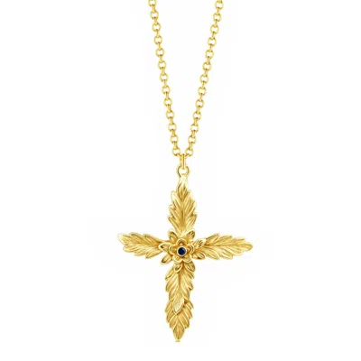 Unaloe Gold / Blue Men's Sapphire Cross Necklace – Gold Plated Sterling Silver Pendant In Gold/blue