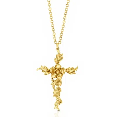 Unaloe Men's Floral Cross Necklace With Sculpted Flower Leaves – Gold Plated