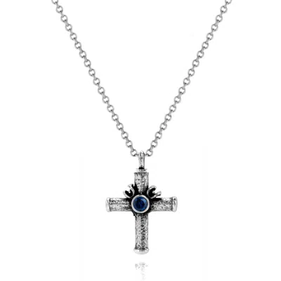 Unaloe Silver / Blue Men's Sapphire Cross Necklace – Hammered Sterling Silver Pendant In Silver/blue