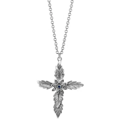 Unaloe Silver / Blue Men's Sapphire Cross Necklace – Sterling Silver Floral Pendant In Silver/blue