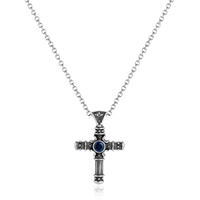 Unaloe Silver / Blue Men's Sapphire Cross Necklace – Sterling Silver Gemstone Pendant In Silver/blue
